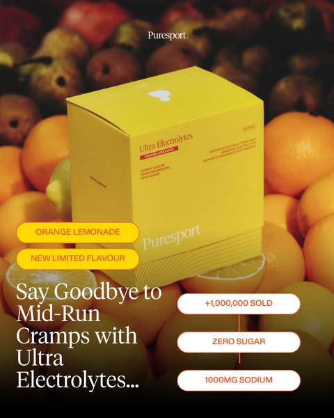 This image ad for Puresport highlights their Ultra Electrolytes product in orange lemonade flavor. It emphasizes the pro
