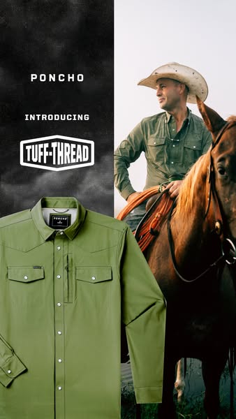 This image ad introduces the new Poncho shirt from Tuff Thread, a western-style shirt that is advertised next to an imag