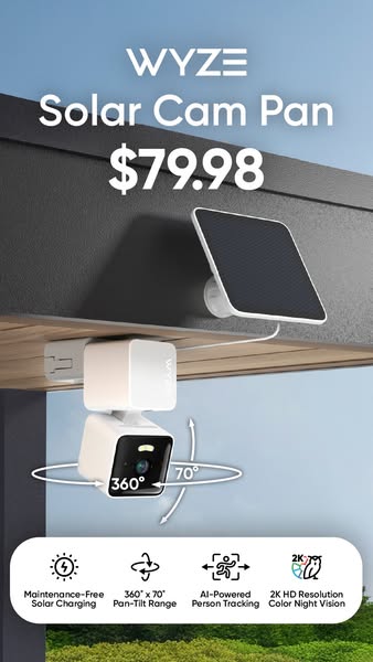The ad showcases a Wyze Solar Cam Pan, highlighting its key features such as maintenance-free solar charging, 360° x 70°