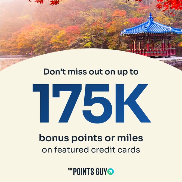 The ad promotes an offer for up to 175K bonus points or miles on featured credit cards from The Points Guy. It uses eye-