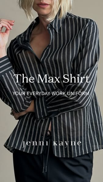This Jenni Kayne image ad features a woman wearing the Max Shirt with the tagline "Your Everyday Work Uniform"