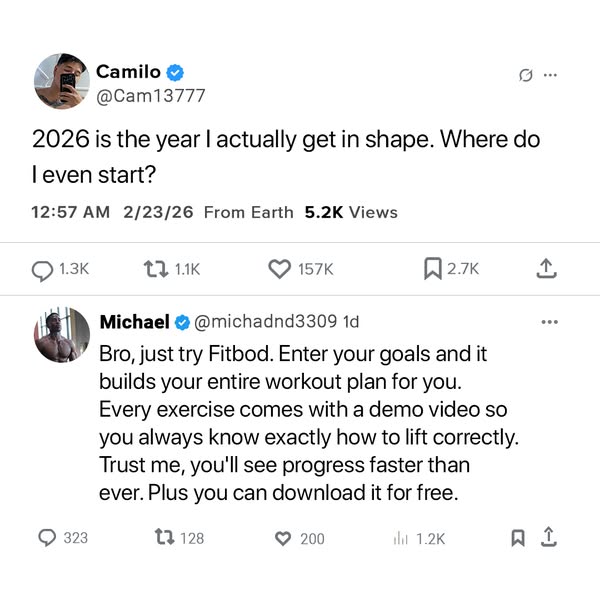 The ad is a replica of a social media post with one user expressing a desire to get in shape and another user recommendi