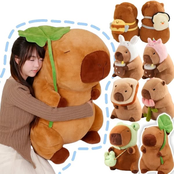 This ad features a woman hugging a large capybara plush toy with a leaf on its head. Several other capybara plush toys a