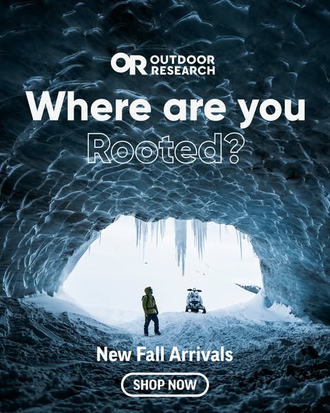 This image ad for Outdoor Research features a person standing in a snowy cave next to a snowmobile. The ad promotes new 