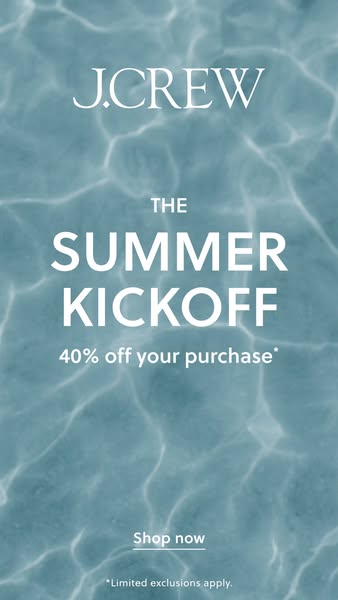 This J.Crew ad promotes a summer kickoff sale with 40% off purchases, set against a background of shimmering water.