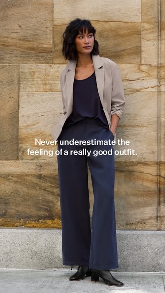 This image ad showcases an elegant outfit, emphasizing the positive feeling it brings. It features a woman in a stylish 
