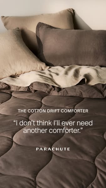 This ad features a close up of a bedroom set including pillows, sheets, and a comforter, and features a testimonial prom