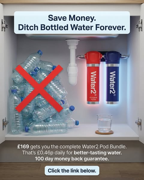Ad for Water2 showing bottled water and a cross through it, and highlighting that you can save money ditching bottled wa