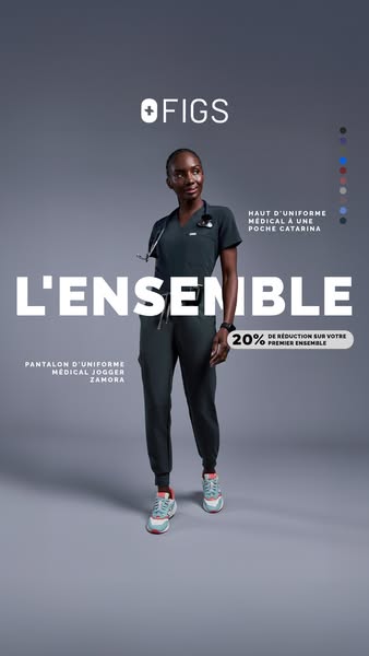 This ad showcases FIGS medical apparel, specifically a matching top and jogger set. It features a model wearing the set 