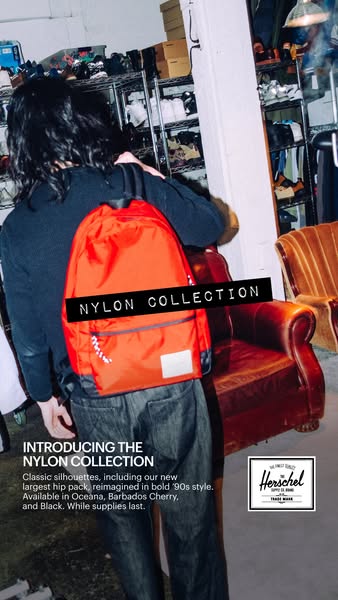 This image ad showcases Herschel's nylon collection with a focus on a red backpack. The ad highlights the collection