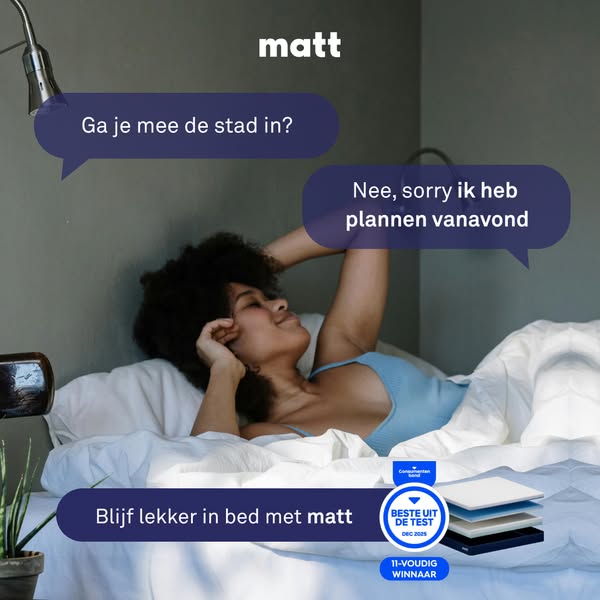 This ad for Matt features a woman relaxing in bed, using a text message conversation format to imply that staying in bed