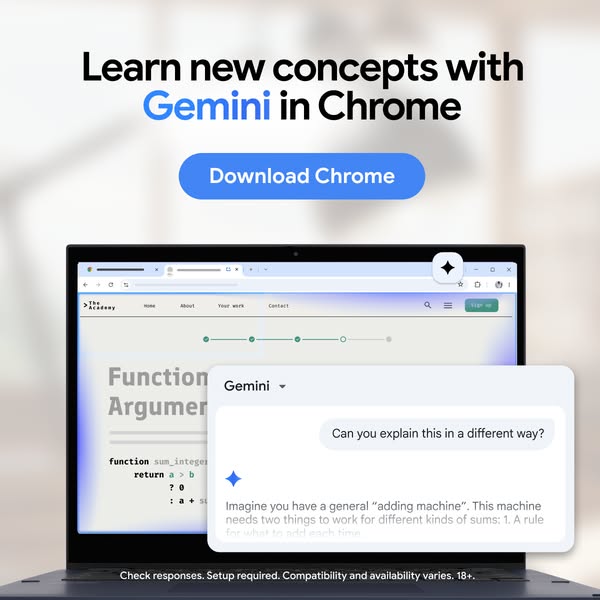 This ad promotes Gemini in Chrome as a tool to learn new concepts. It shows a laptop screen with a coding website and a 