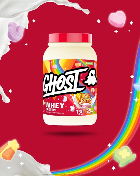 This ad showcases a whey protein powder in a Lucky Charms cereal milk flavor. The visual style is bright, colorful, and 