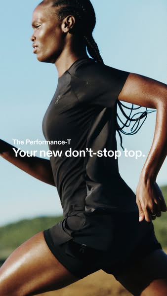 This ad showcases the Performance-T shirt from On, highlighting its design for unrestricted movement and comfort during 