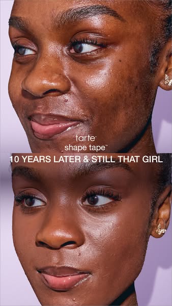 This ad shows a before-and-after demo of Tarte Shape Tape concealer on a woman's face, highlighting its lasting qual