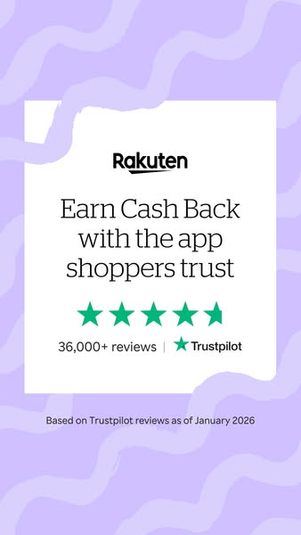 This ad promotes the Rakuten app, emphasizing its cash back rewards and high user trust. It features a high rating from 