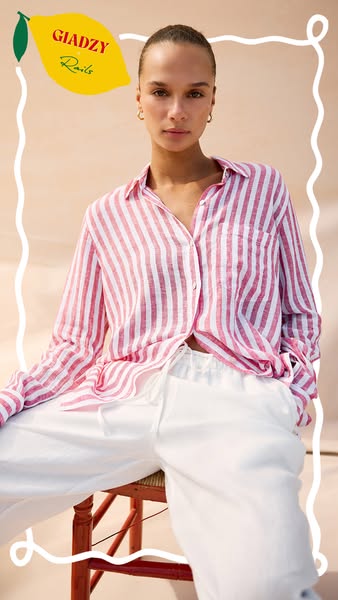 This ad features an image of a woman wearing a pink and white striped RAILS button-down shirt and white pants.