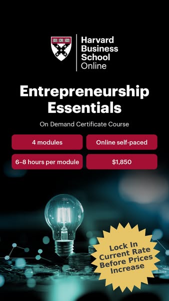 The image ad promotes Harvard Business School Online's Entrepreneurship Essentials on-demand certificate course, hig