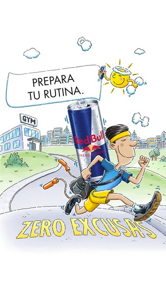 This ad features a cartoon drawing of a man running with a can of Red Bull in his backpack. The ad encourages viewers to