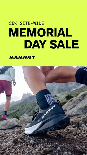 This image ad promotes a site-wide Memorial Day sale of 25% off from Mammut. The ad shows a close up of the brand's 