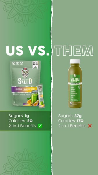 The ad compares Salud Greens + Superfoods powder with Suja drink to highlight the health benefits of the powder mix. The