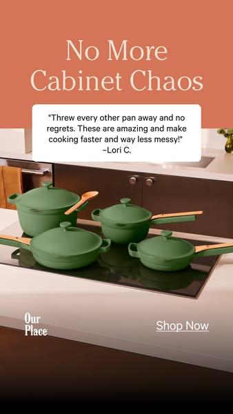 This image ad promotes Our Place cookware, specifically a set of green pots and pans. The ad copy and included customer