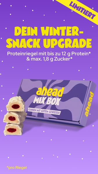 This image ad promotes Ahead Mix Box protein bars as a winter snack upgrade. It highlights the protein content and low s