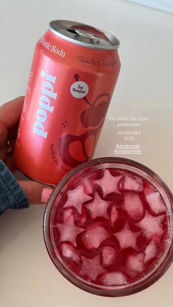 This ad promotes Poppi's Shirley Temple flavor. The ad showcases a can of Poppi next to a glass filled with star-sha