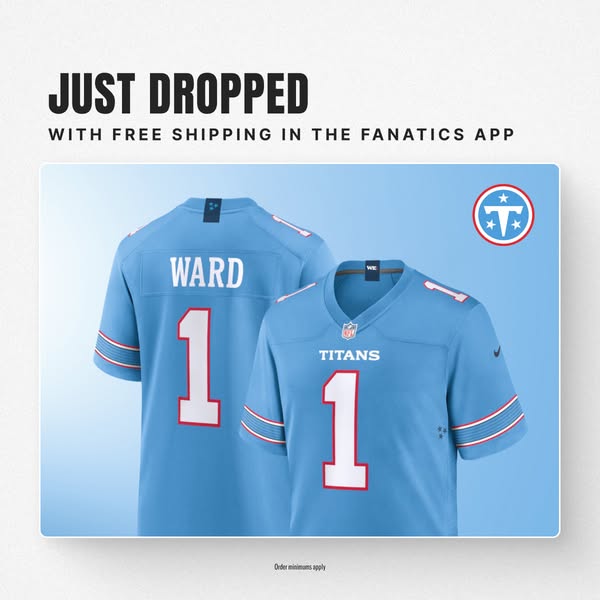 This ad showcases a Tennessee Titans jersey from Fanatics, encouraging users to shop within the app and take advantage o