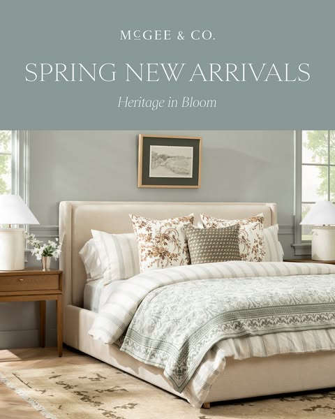 This ad for McGee & Co. announces their spring new arrivals, showcasing the pieces within a fully furnished and acce