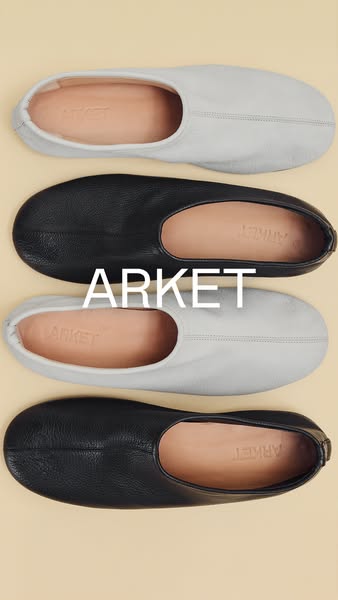 This image ad showcases four pairs of leather slippers in black and grey, stacked to display the brand 'ARKET'. 