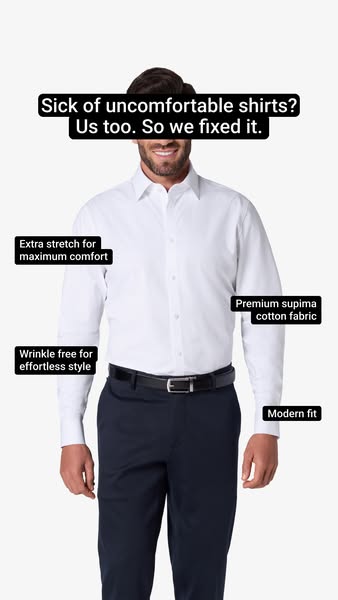 The ad features a man wearing a button down shirt with arrows pointing to different parts of the shirt that highlight th