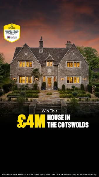 This image ad promotes a sweepstakes for a £4M house in the Cotswolds. It features a photo of the house, with text overl