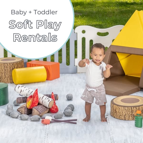 This ad showcases a baby and toddler soft play rental setup in an outdoor setting. It emphasizes the availability of ren