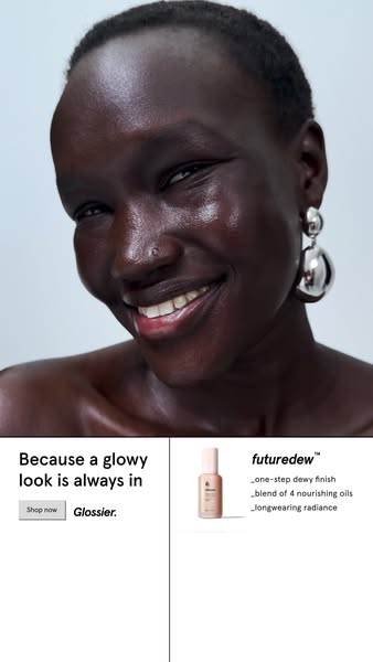 The ad features a close up shot of a person with a glowing complexion and focuses on Glossier's Futuredew product. I