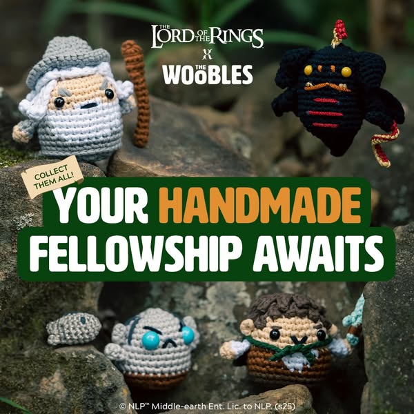 This ad showcases a collaboration between The Lord of the Rings and The Woobles, featuring crocheted characters from the
