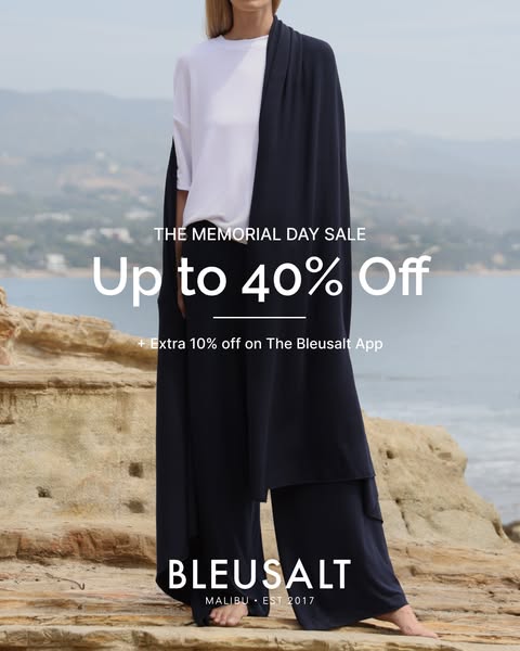 This image ad promotes Bleusalt's Memorial Day sale offering up to 40% off, plus an extra 10% off on The Bleusalt Ap