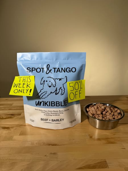 This ad for Spot & Tango dog food features a bag of their Unkibble product next to a bowl of the food. The ad highli