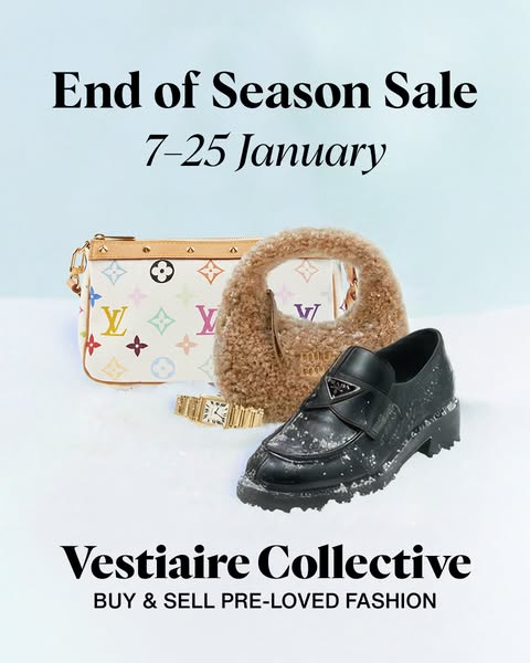 This ad is for Vestiaire Collective, announcing the dates of their End of Season Sale. The ad features a handbag, purse,