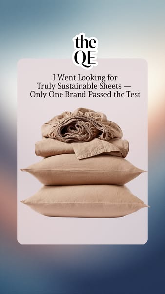 This ad displays a stack of bedsheets from The QE. The ad utilizes a customer testimonial to promote the brand's sus