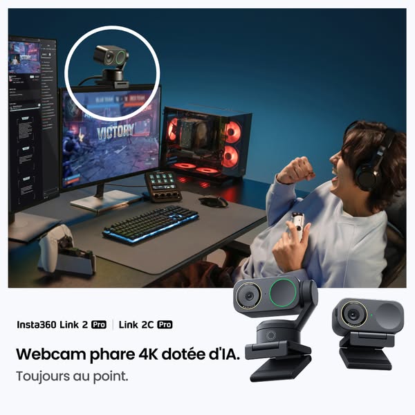 This ad showcases the Insta360 Link 2 Pro and Link 2C Pro webcams, highlighting their 4K resolution and AI capabilities.