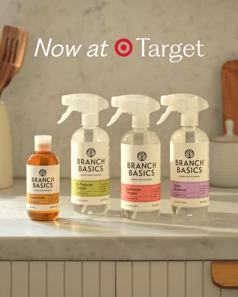 This is an image ad for Branch Basics cleaning products, announcing that they are now available at Target. The image sho