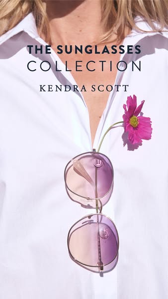 This ad showcases the Kendra Scott sunglasses collection. The visual focus is on a pair of sunglasses hanging from a whi
