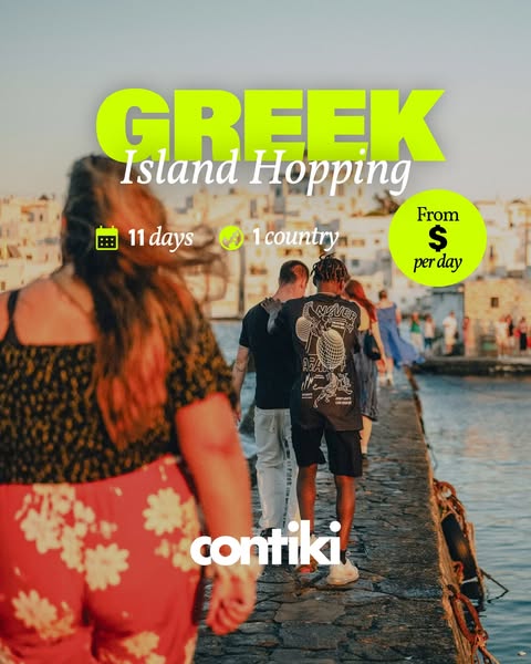 This image ad from Contiki promotes Greek island hopping trips. It emphasizes the short duration of the trip (11 days), 