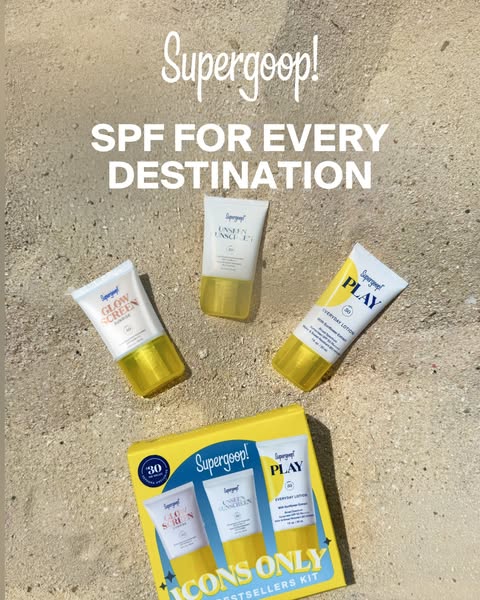 This ad features various Supergoop! sunscreen products that are suited for different activities.
