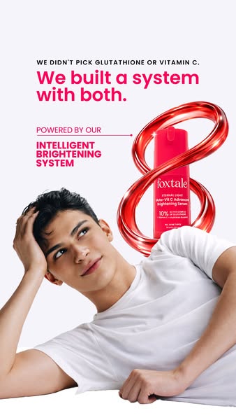 Ad for Foxtale brightening serum that features a man laying down as he gazes up at the product. The ad features the bran
