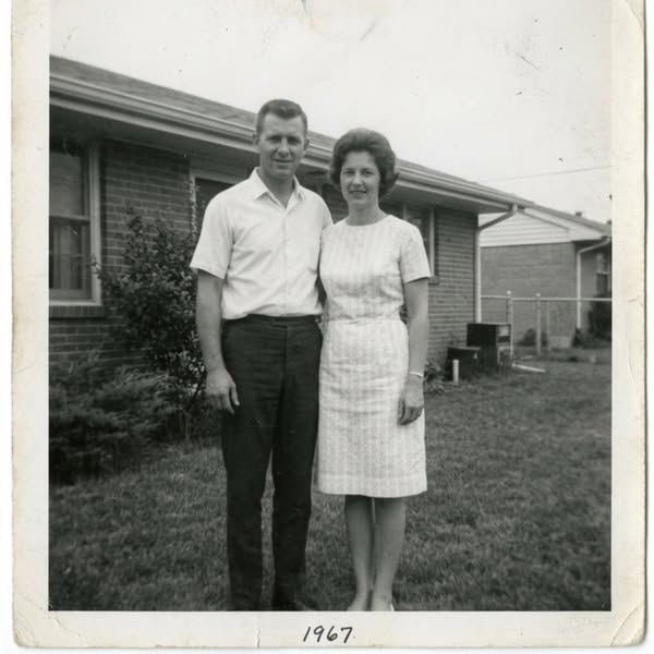 A nostalgic image of a couple taken in 1967 is used to convey feelings of reminiscence.
