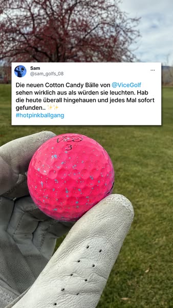 This ad features a screenshot of a social media post showcasing a pink Vice Golf golf ball. The post highlights the ball