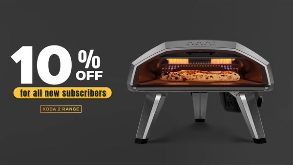 This ad promotes the Ooni Koda 2 pizza oven with a discount for new subscribers.