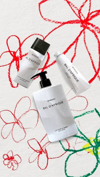 This ad features three Byredo Bal D'Afrique products, including a hair perfume, hand cream, and body lotion, arrange